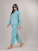 Art Print on Sky Cotton Shirt Set for Women