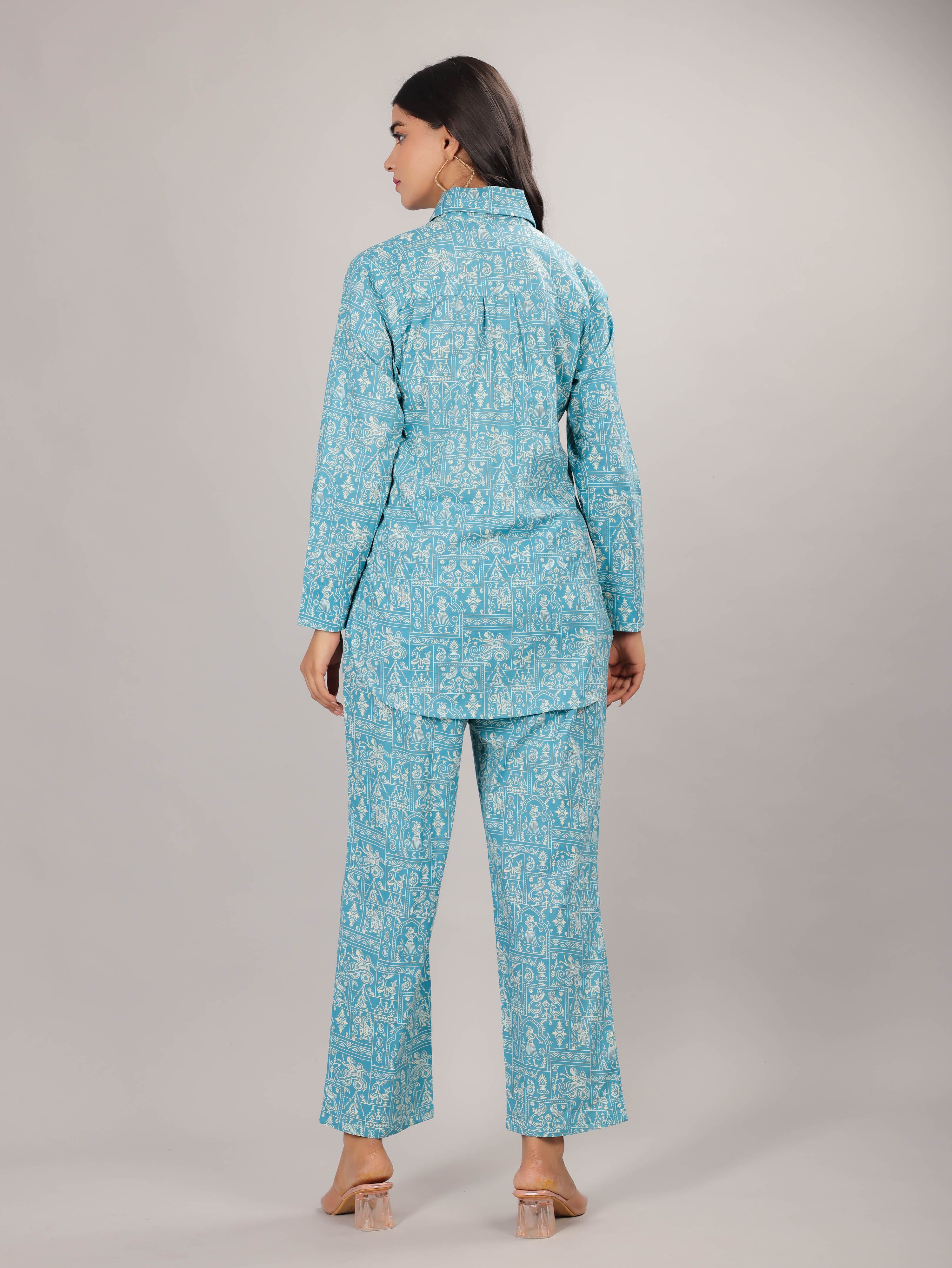 Art Print on Sky Cotton Shirt Set for Women