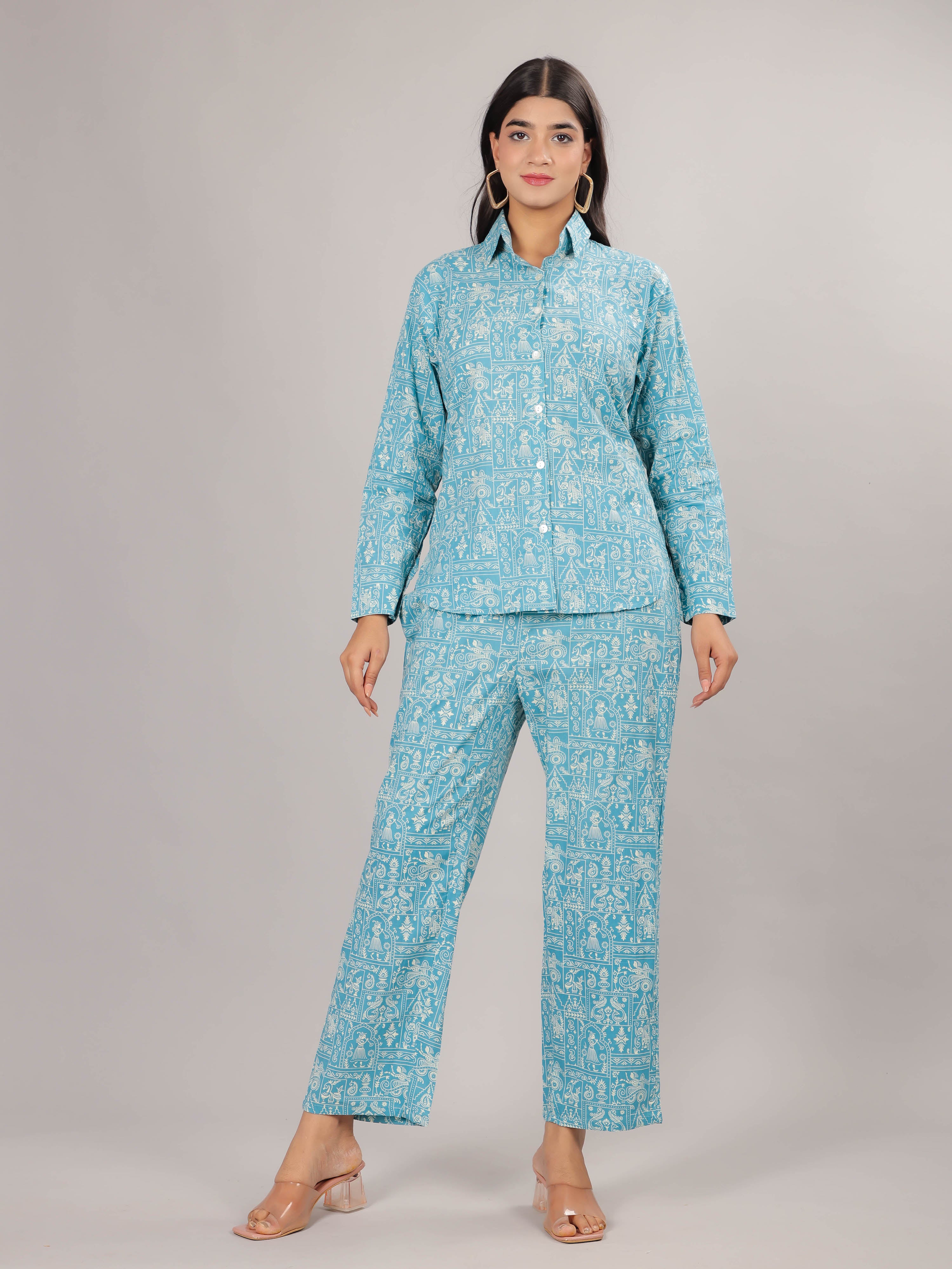 Art Print on Sky Cotton Shirt Set for Women
