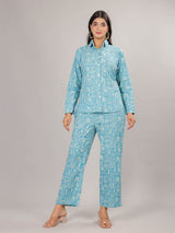 Art Print on Sky Cotton Shirt Set for Women