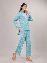 Art Print on Sky Cotton Shirt Set for Women