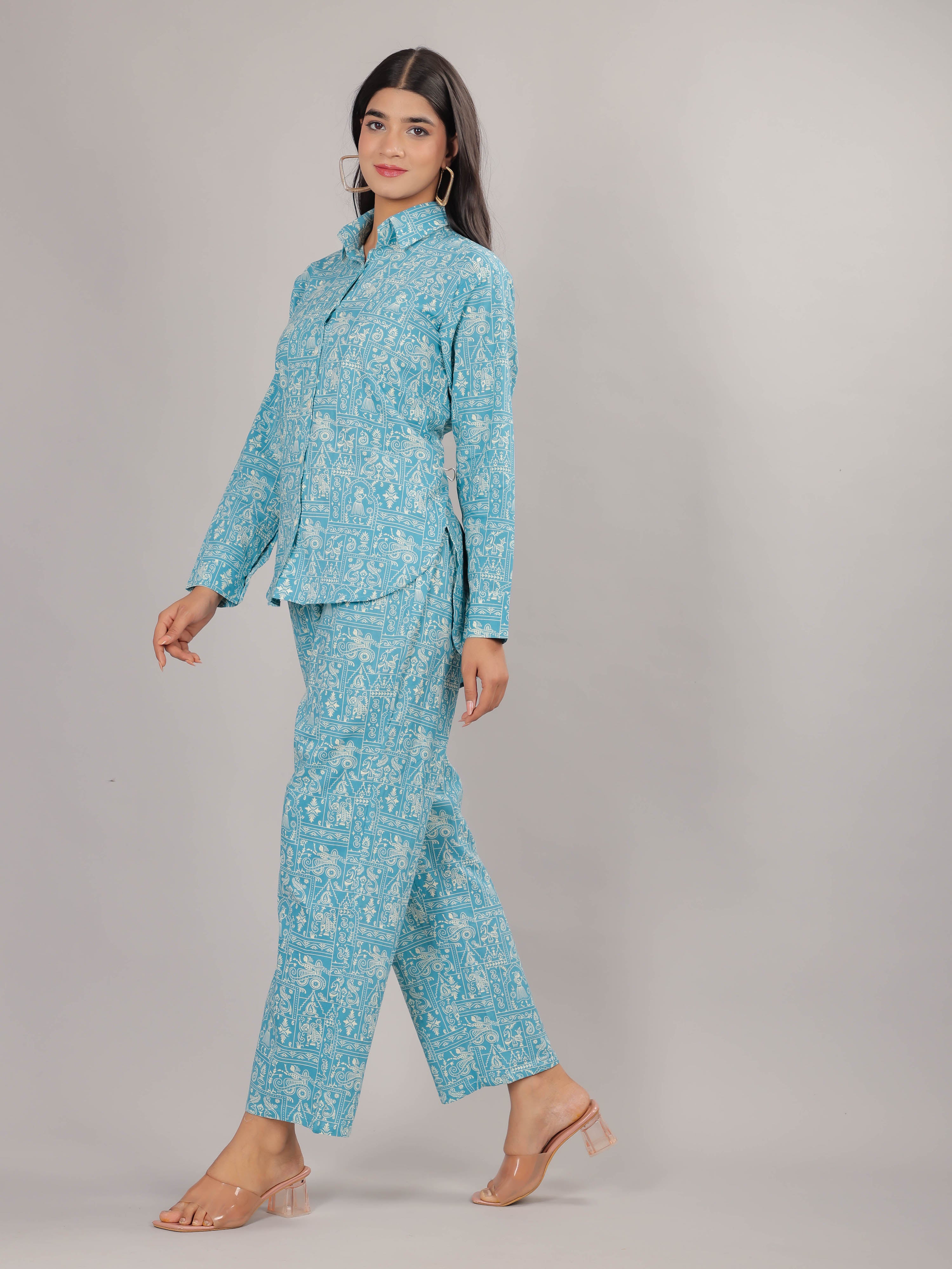 Art Print on Sky Cotton Shirt Set for Women