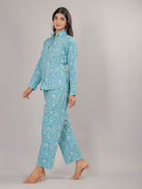 Art Print on Sky Cotton Shirt Set for Women