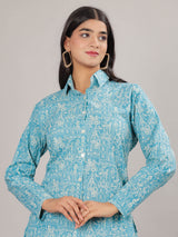 Art Print on Sky Cotton Shirt Set for Women
