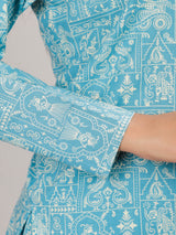 Art Print on Sky Cotton Shirt Set for Women