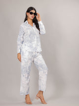 Tropical Print on White Cotton Shirt Set for Women