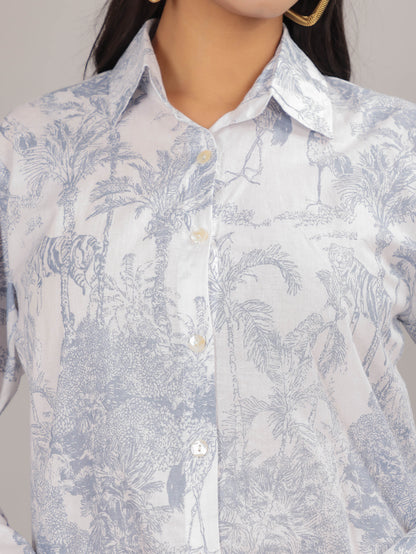 Tropical Print on White Cotton Shirt Set for Women