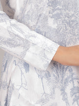 Tropical Print on White Cotton Shirt Set for Women