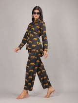 Cheetah Print on Black Cotton Shirt Set for Women