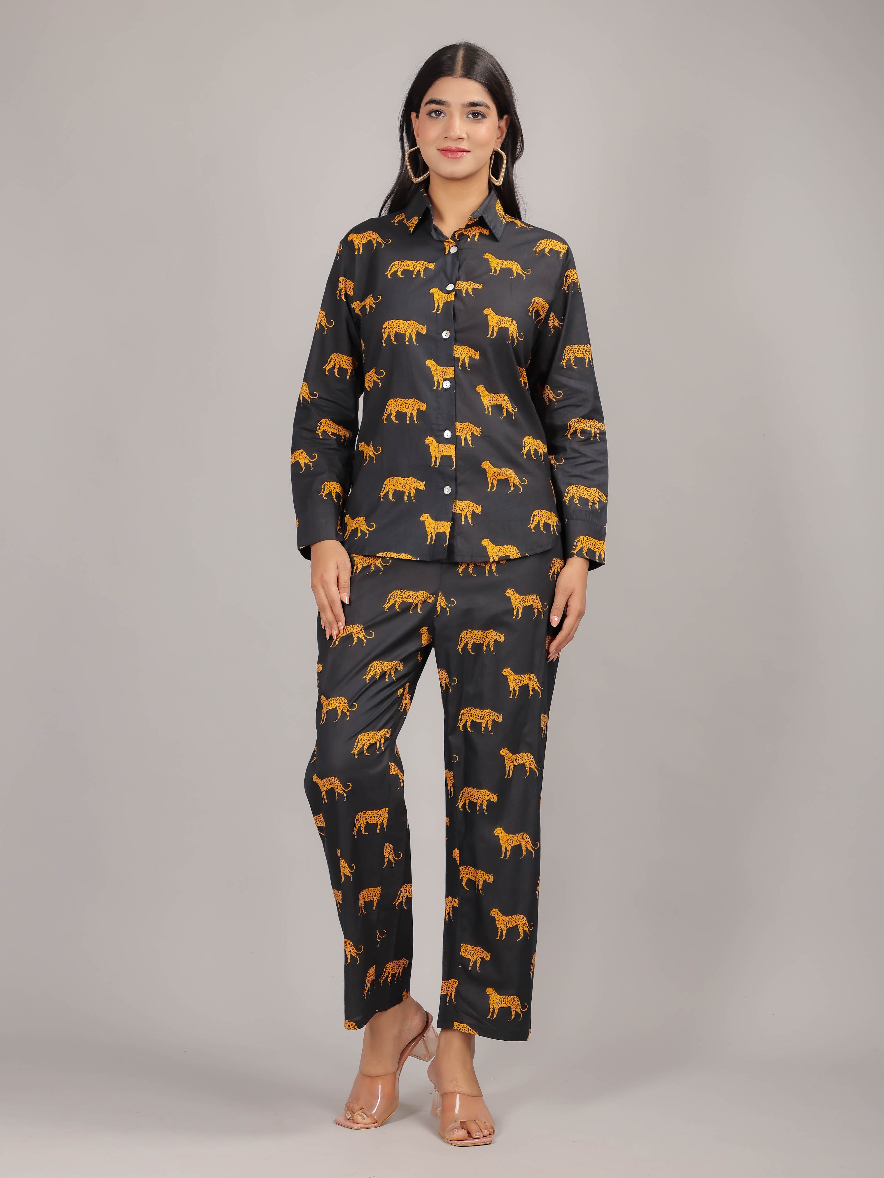 Cheetah Print on Black Cotton Shirt Set for Women