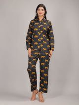 Cheetah Print on Black Cotton Shirt Set for Women