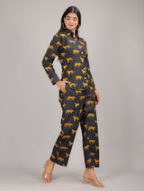 Cheetah Print on Black Cotton Shirt Set for Women