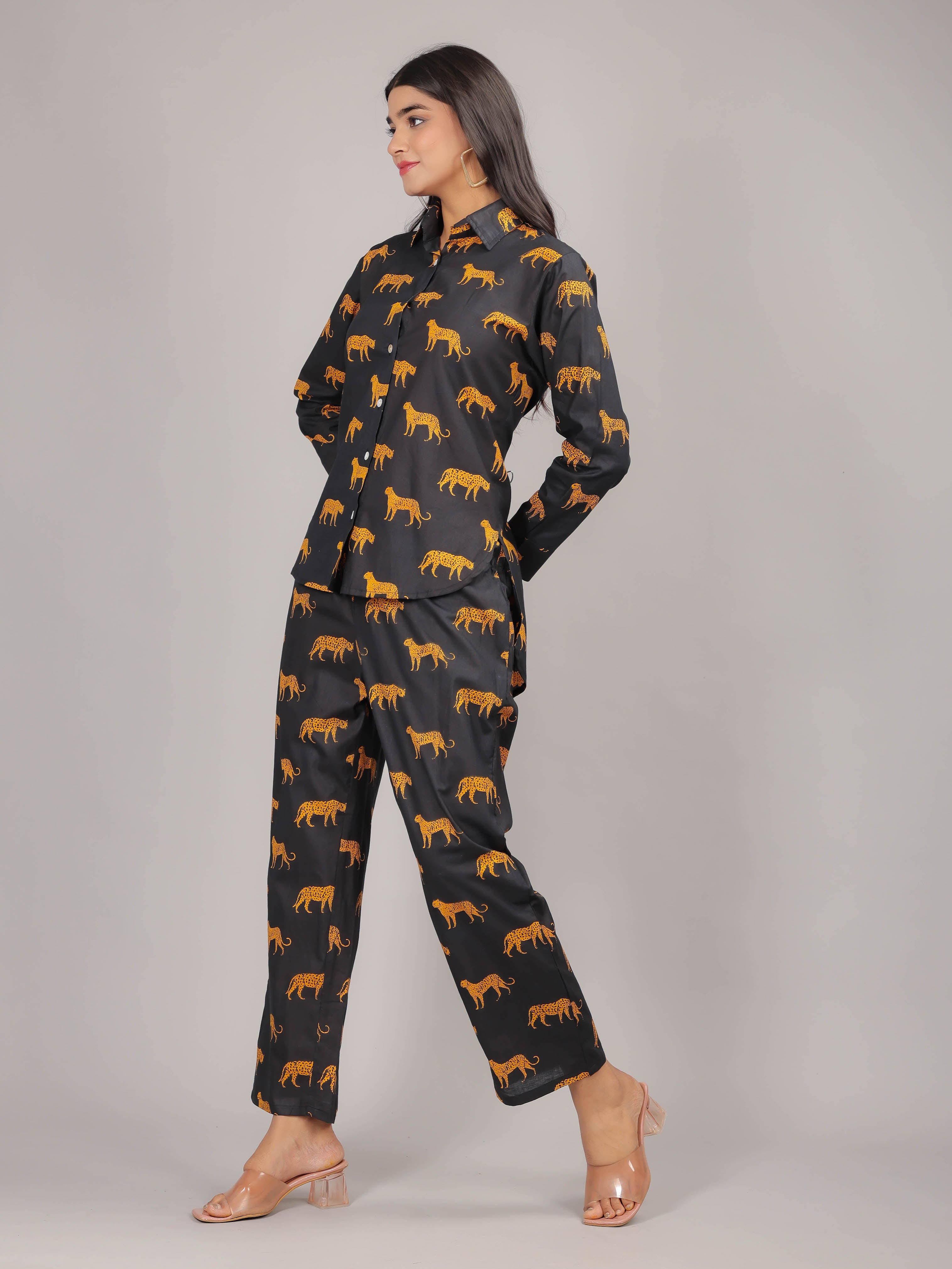 Cheetah Print on Black Cotton Shirt Set for Women