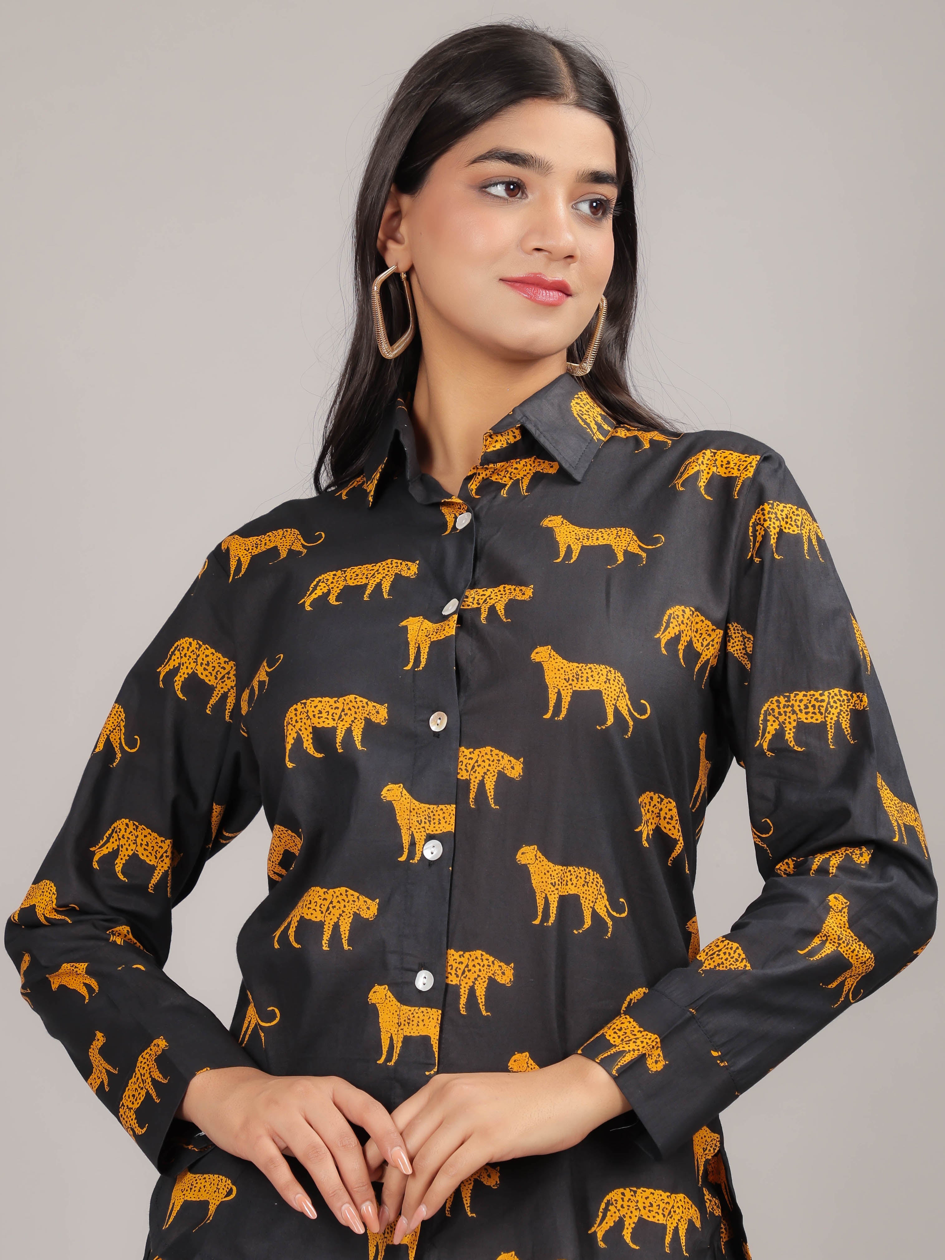 Cheetah Print on Black Cotton Shirt Set for Women
