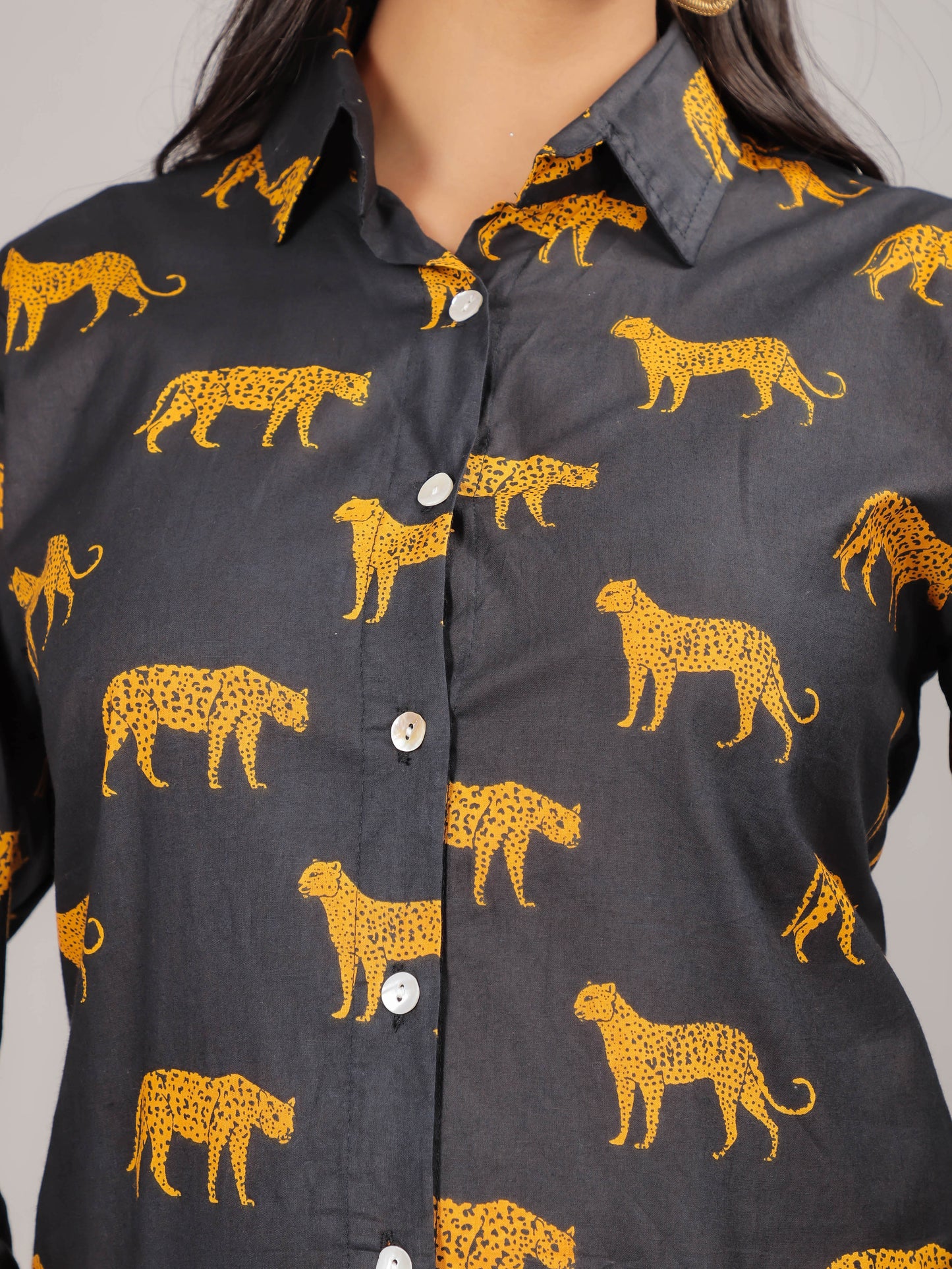 Cheetah Print on Black Cotton Shirt Set for Women