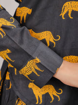 Cheetah Print on Black Cotton Shirt Set for Women