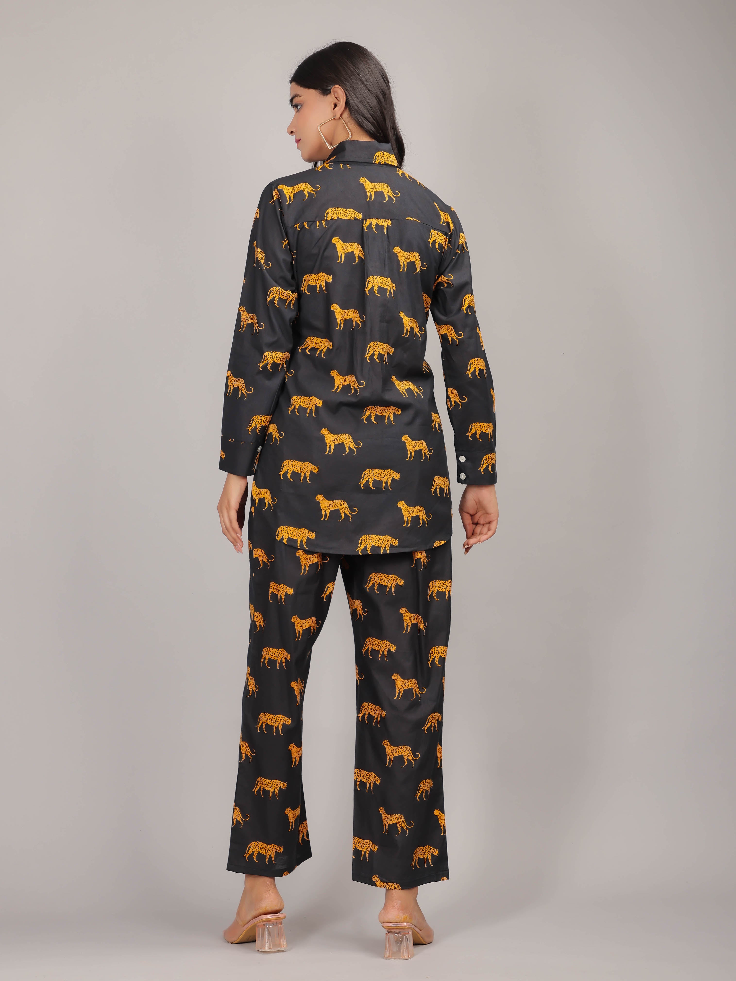 Cheetah Print on Black Cotton Shirt Set for Women