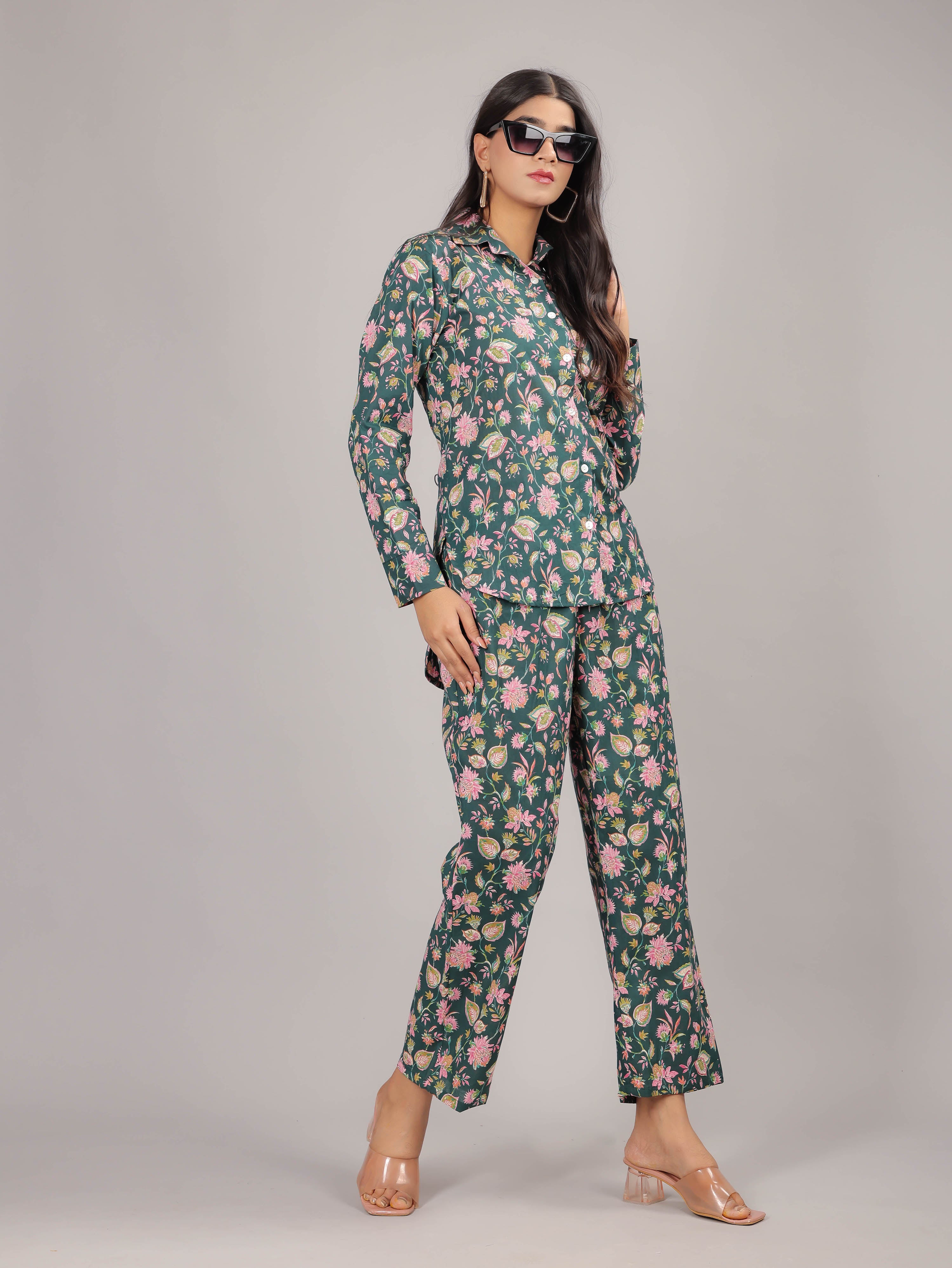 Floral Print on Green Cotton Shirt Set for Women