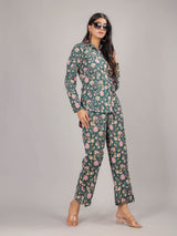 Floral Print on Green Cotton Shirt Set for Women