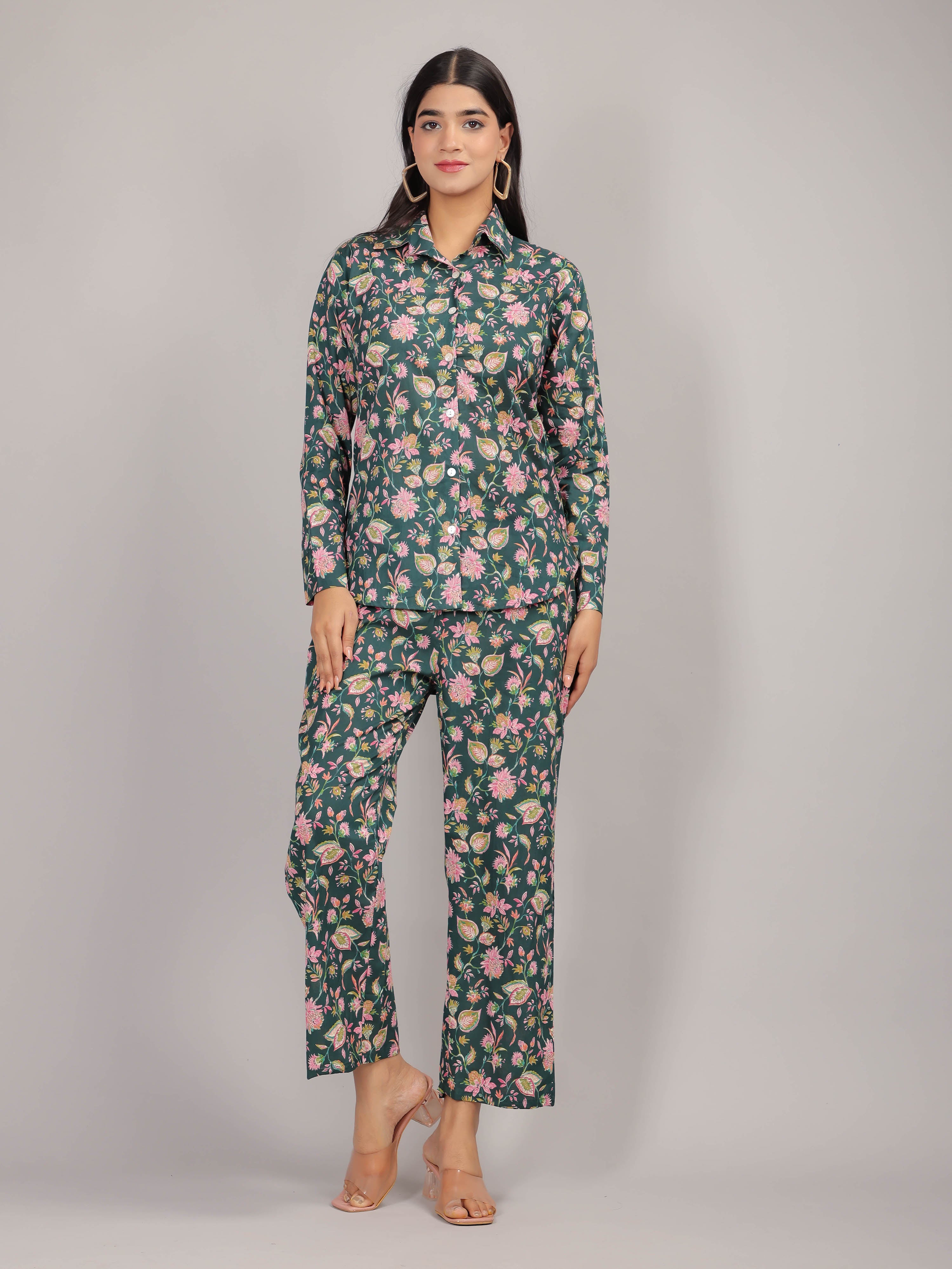 Floral Print on Green Cotton Shirt Set for Women