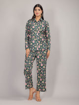 Floral Print on Green Cotton Shirt Set for Women