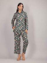 Floral Print on Green Cotton Shirt Set for Women