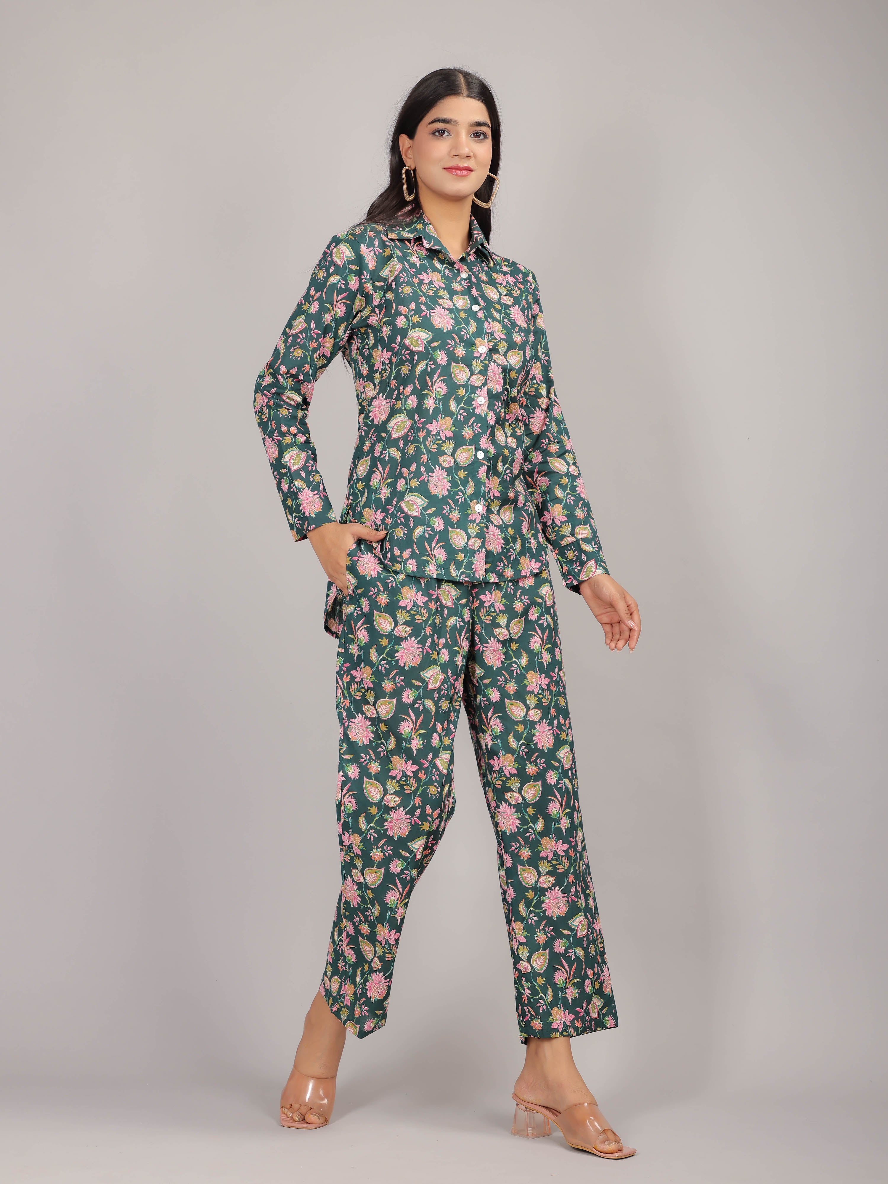 Floral Print on Green Cotton Shirt Set for Women