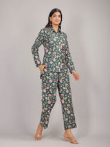 Floral Print on Green Cotton Shirt Set for Women