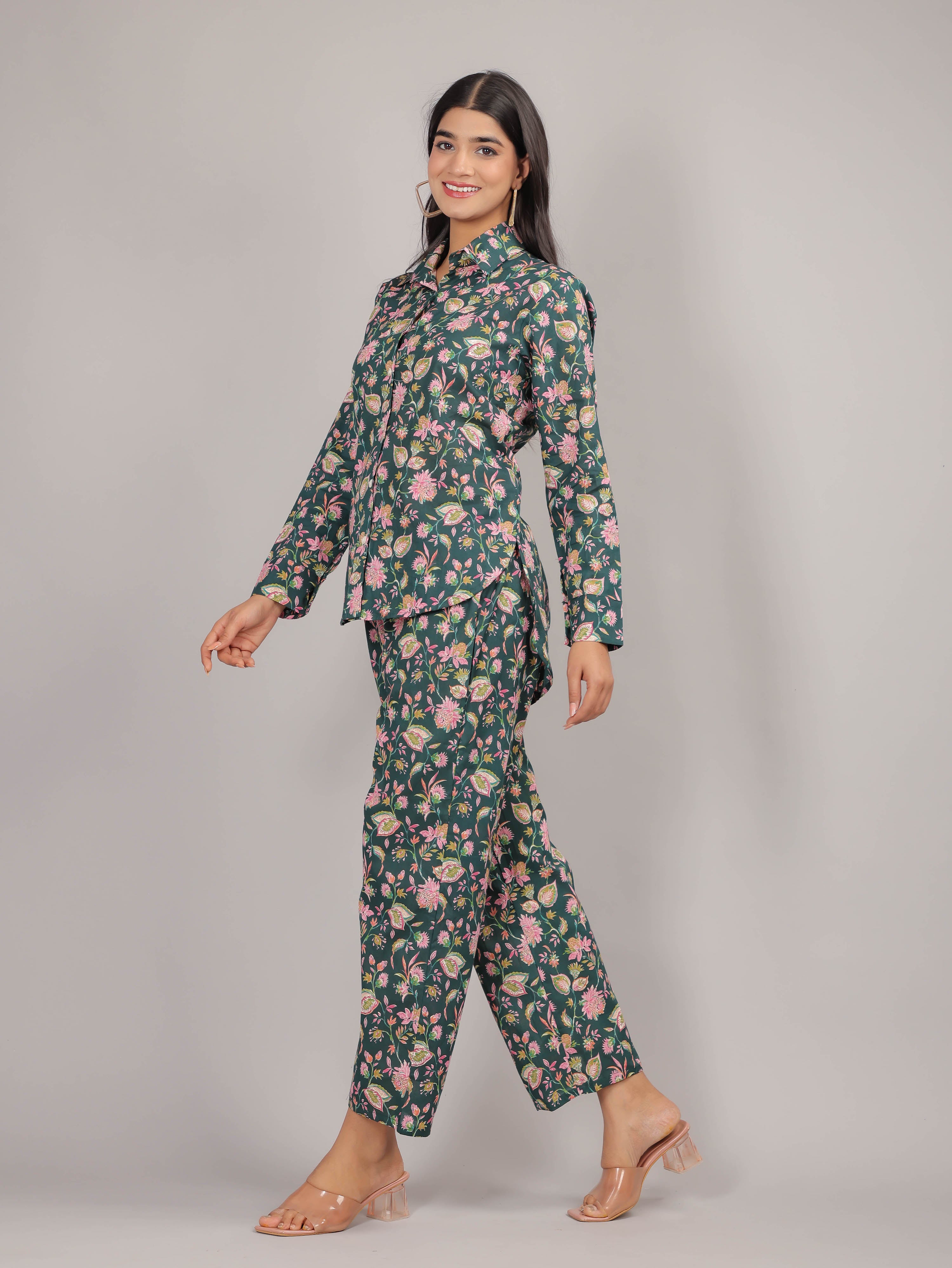 Floral Print on Green Cotton Shirt Set for Women