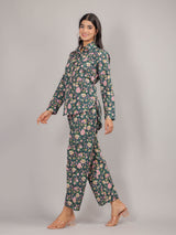 Floral Print on Green Cotton Shirt Set for Women
