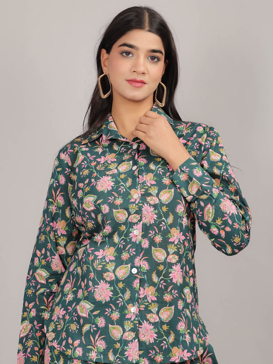 Floral Print on Green Cotton Shirt Set for Women