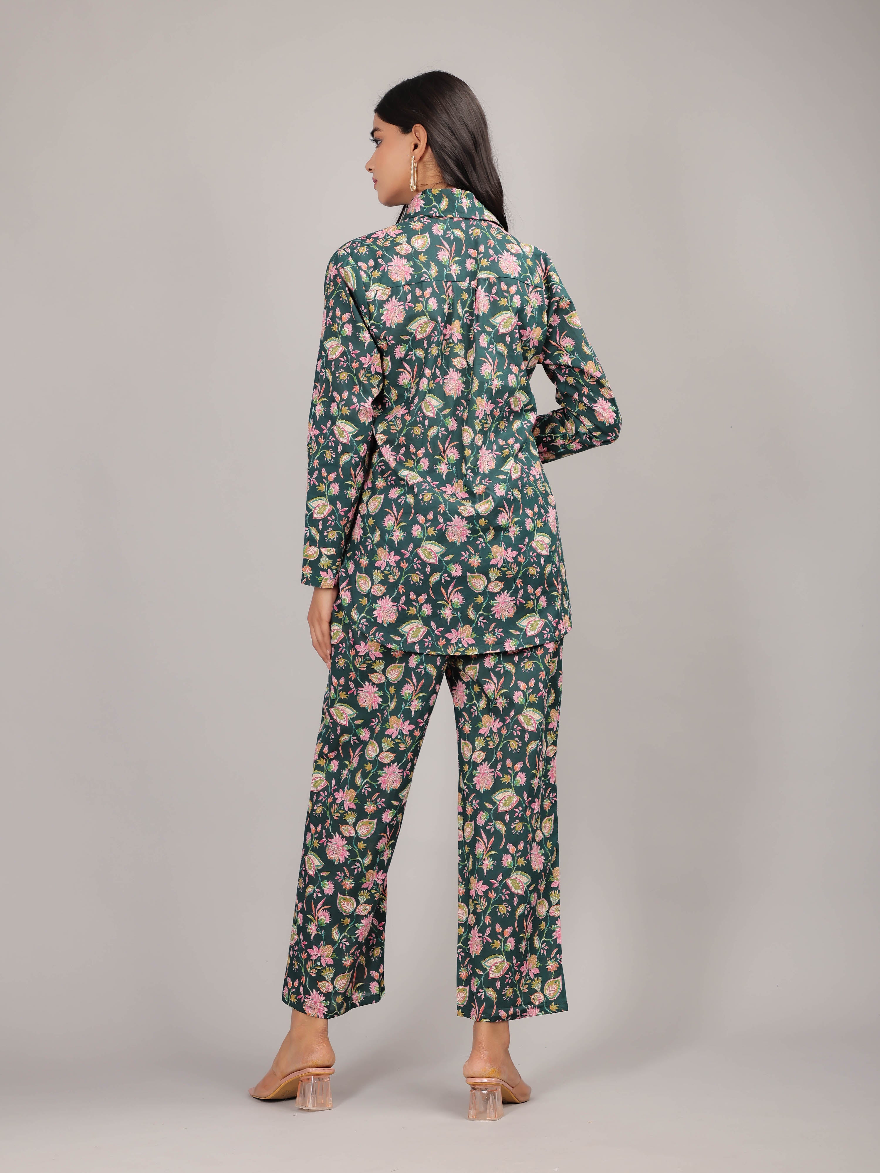 Floral Print on Green Cotton Shirt Set for Women