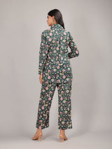 Floral Print on Green Cotton Shirt Set for Women