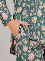 Floral Print on Green Cotton Shirt Set for Women