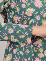 Floral Print on Green Cotton Shirt Set for Women