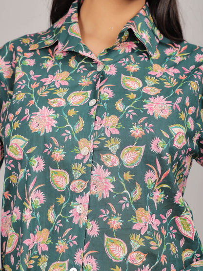 Floral Print on Green Cotton Shirt Set for Women