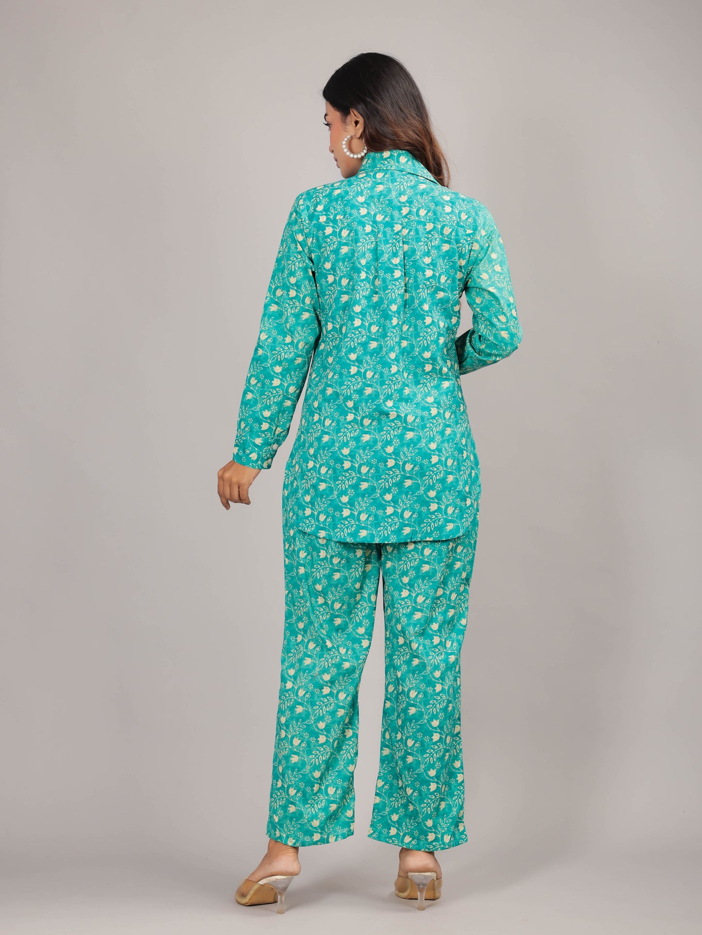 Floral Print on Teal Cotton Shirt Set for Women