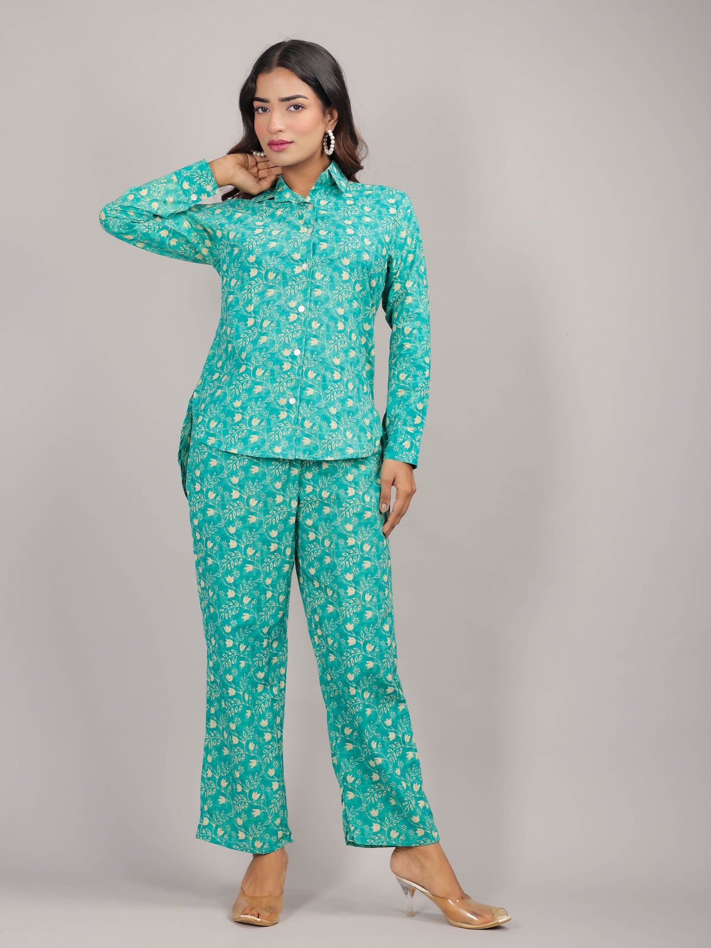 Floral Print on Teal Cotton Shirt Set for Women