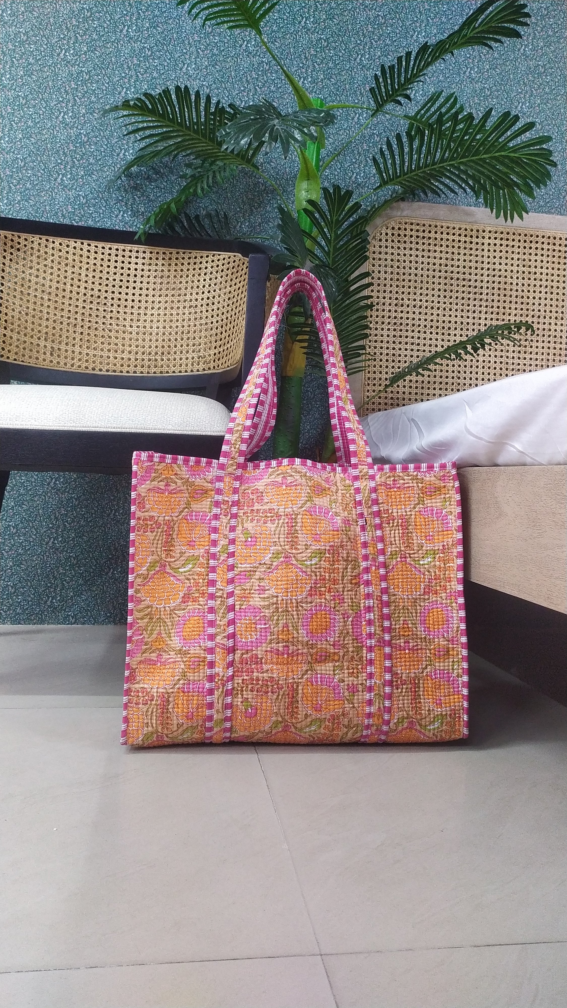 Handblock Printed Quilted Tote Bag without zip/button 17x18x 6 inches