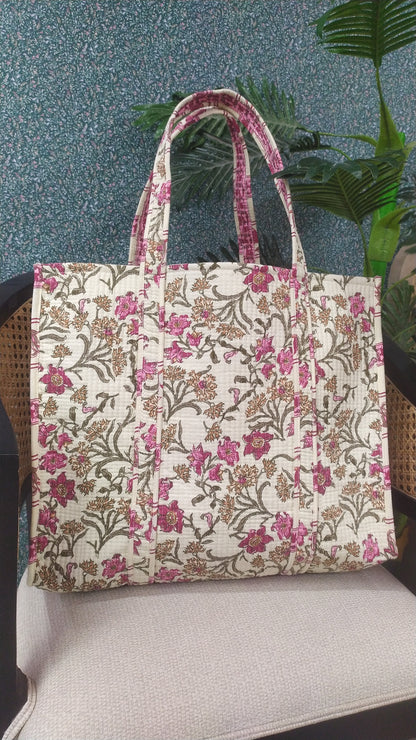 Handblock Printed Quilted Tote Bag without zip/button 17x18x 6 inches