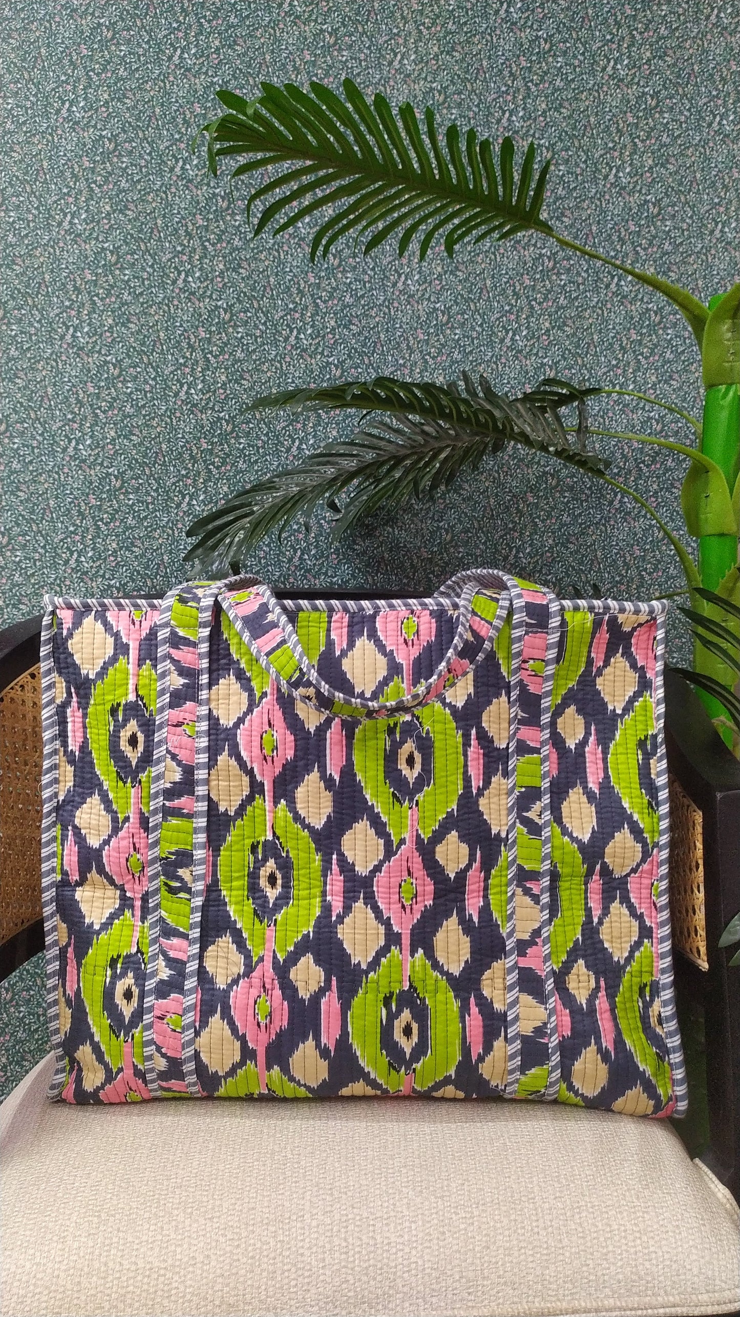 Handblock Printed Quilted Tote Bag with concealed zip ( 17x18x 6 inches)