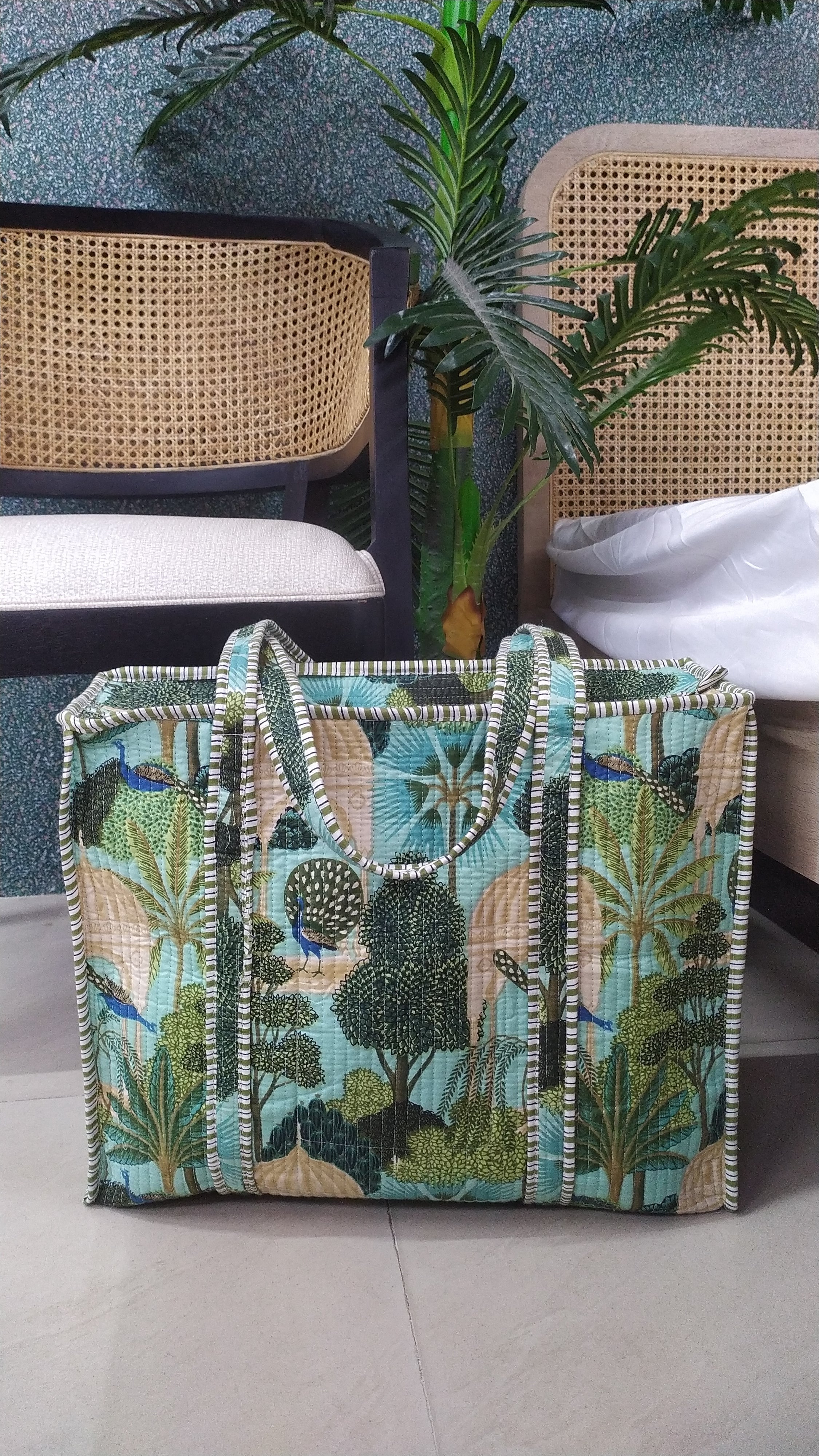 Handblock Printed Quilted Tote Bag with concealed zip ( 17x18x 6 inches)