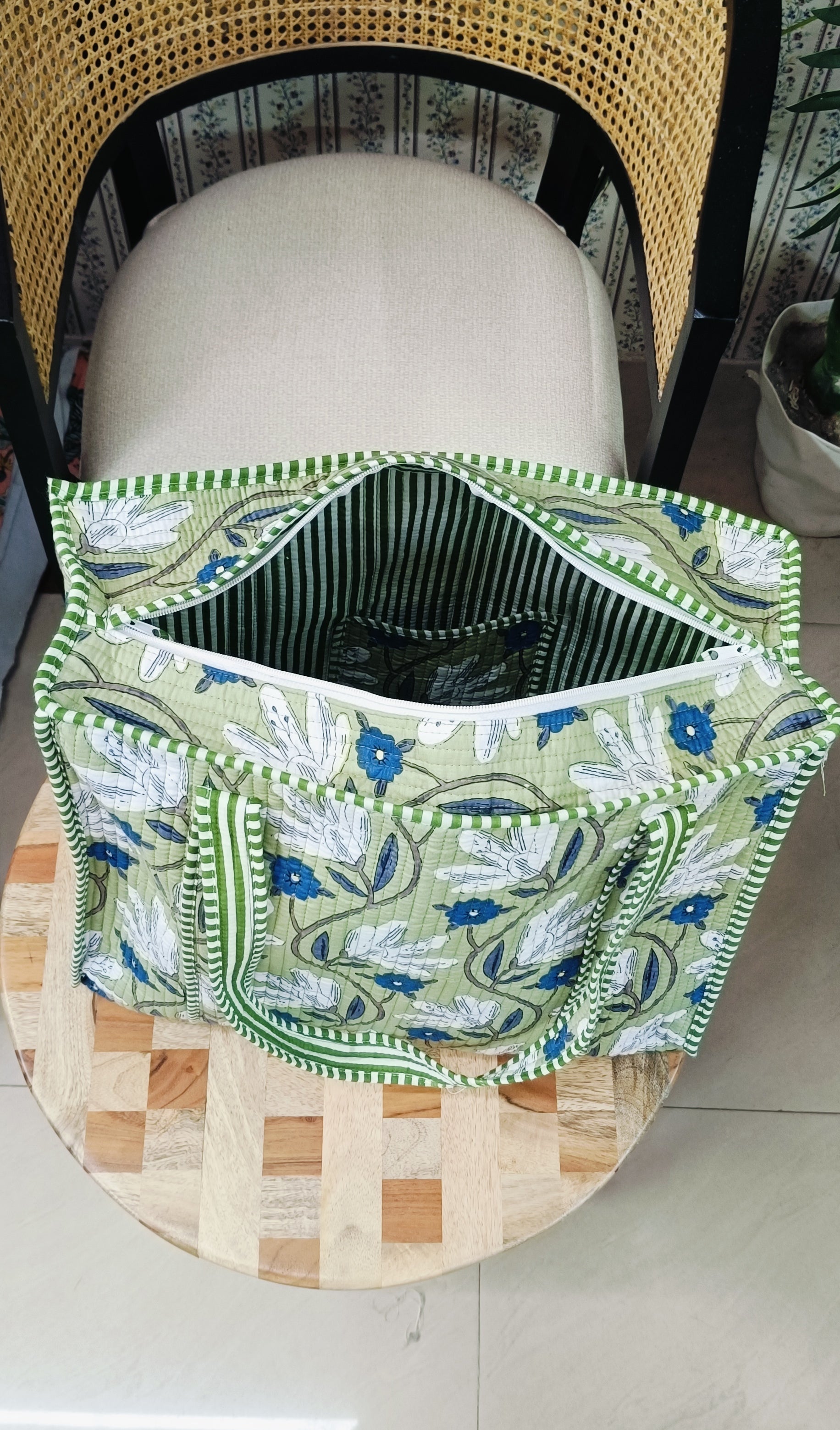 Handblock Printed Quilted Tote Bag with concealed zip ( 17x18x 6 inches)