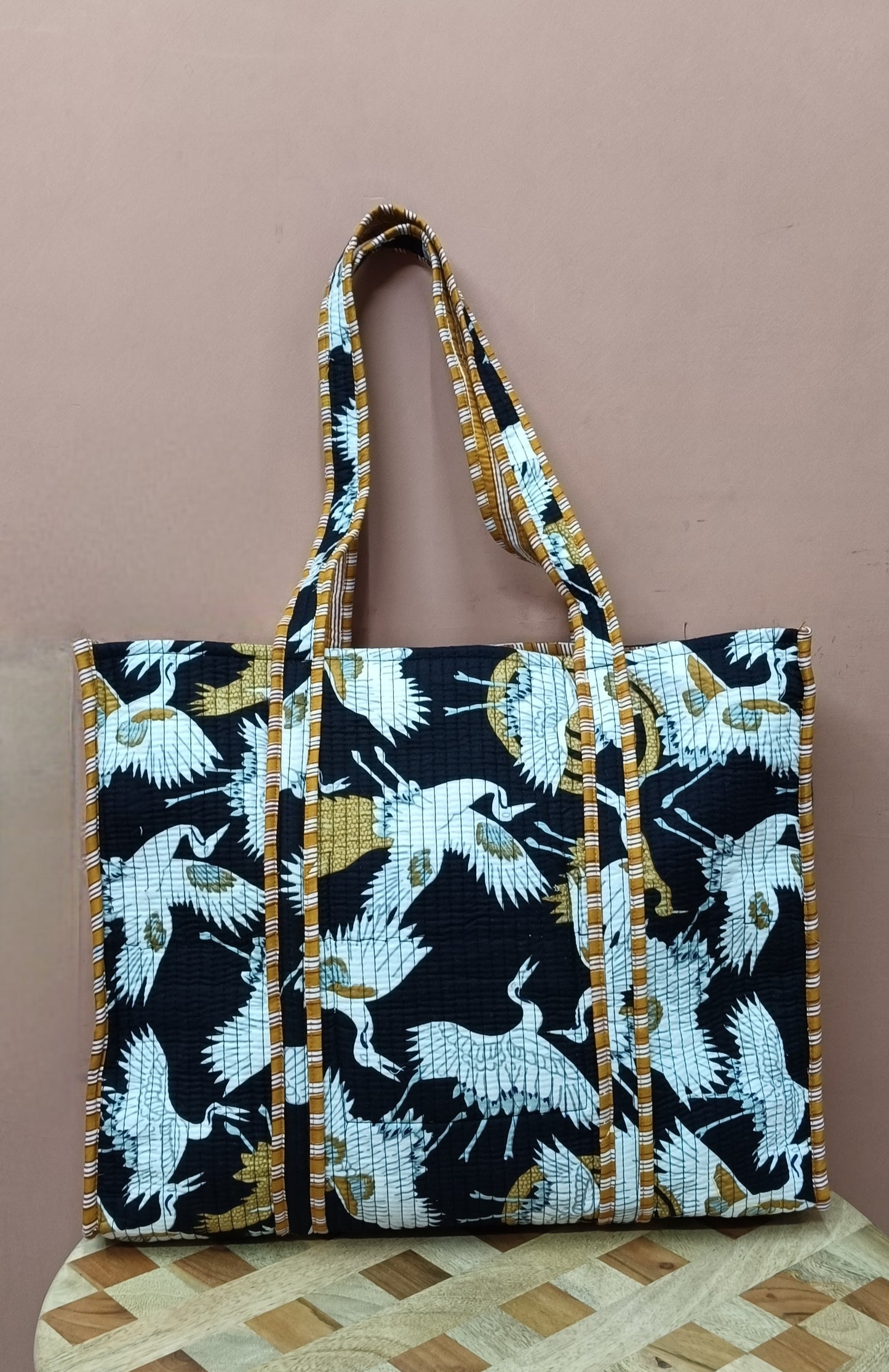 Handblock Printed Quilted Tote Bag without zip/button 17x18x 6 inches