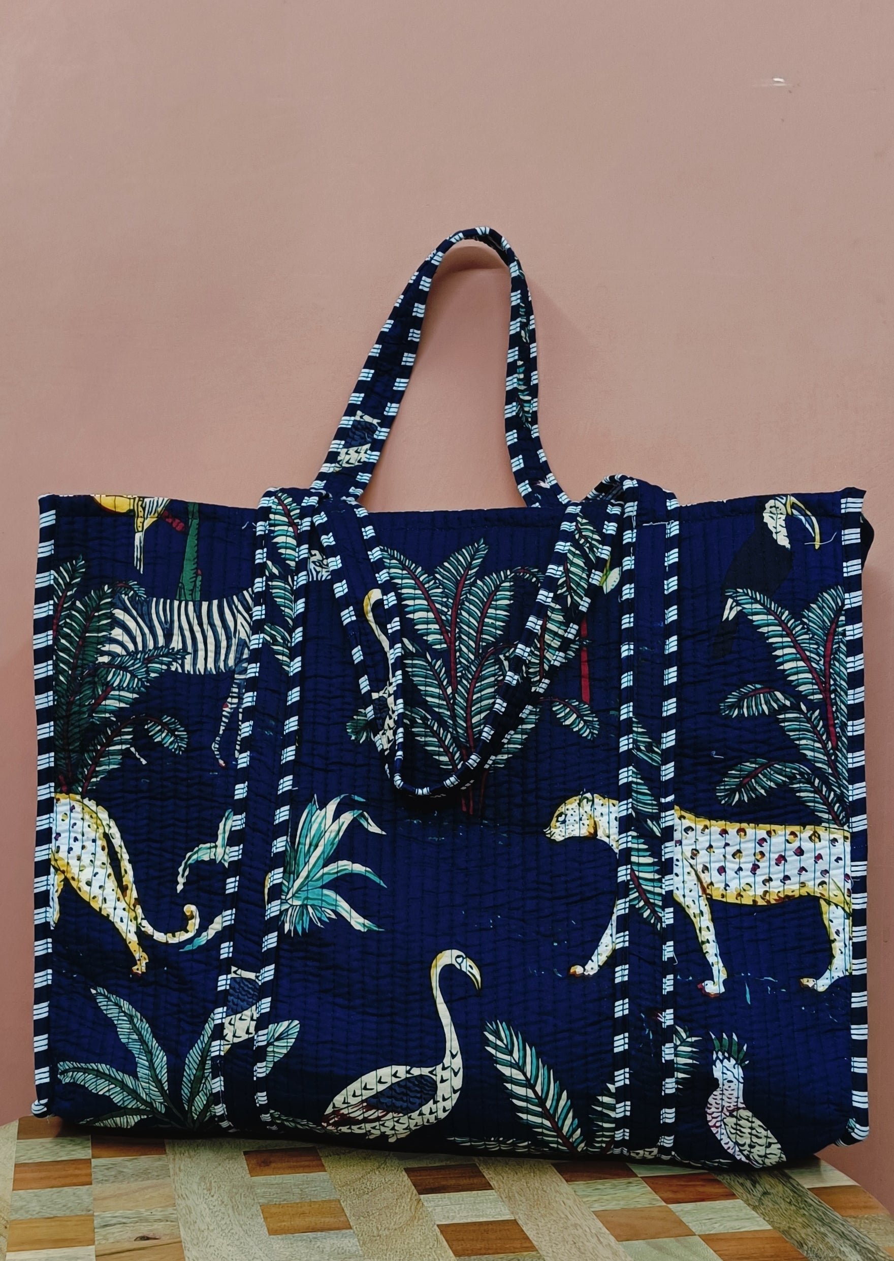 Handblock Printed Quilted Tote Bag without zip/button 17x18x 6 inches