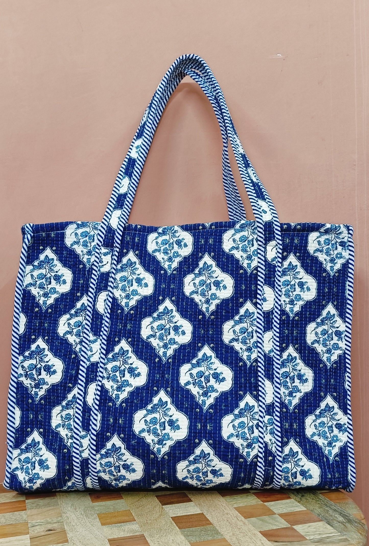 Handblock Printed Quilted Tote Bag without zip/button 17x18x 6 inches