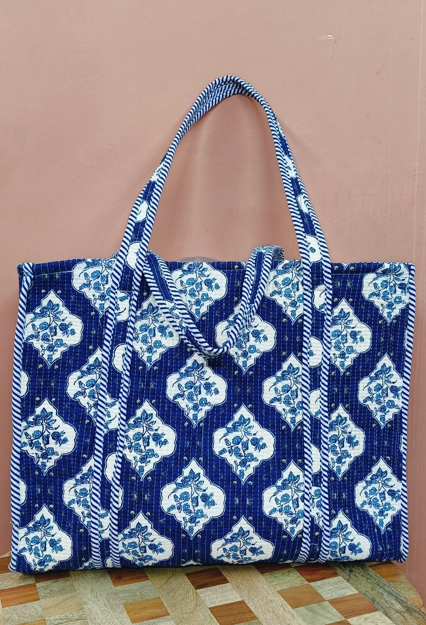 Handblock Printed Quilted Tote Bag without zip/button 17x18x 6 inches