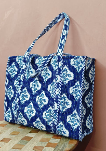 Handblock Printed Quilted Tote Bag without zip/button 17x18x 6 inches