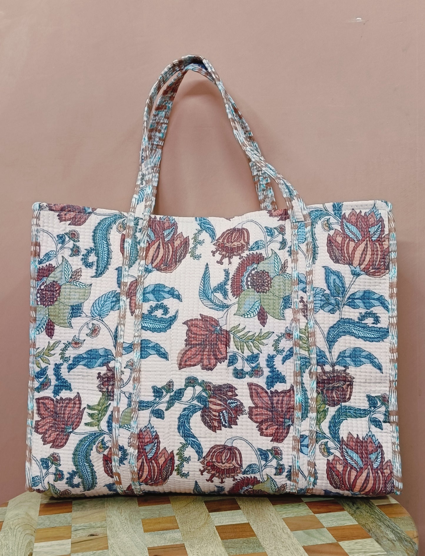 Handblock Printed Quilted Tote Bag without zip/button 17x18x 6 inches