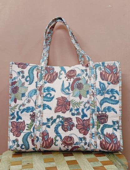 Handblock Printed Quilted Tote Bag without zip/button 17x18x 6 inches